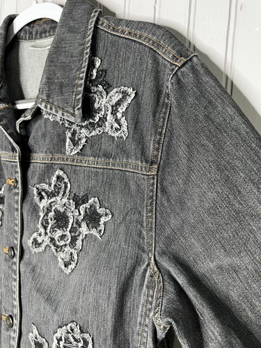 Jones New York Sport Jacke Damen L/XL grau Denim Blumen Applikation Trucker Tasche - Bild 7 von 15