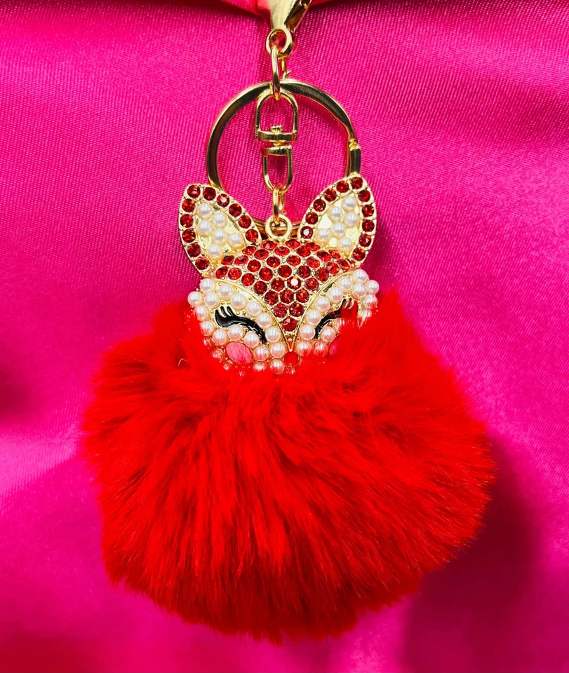 Llavero Pom Pom Cabeza de Zorro Rosa Imitación Perla Estrás Moda Lindo Animales de Dibujos Animados Foto 2 de 4