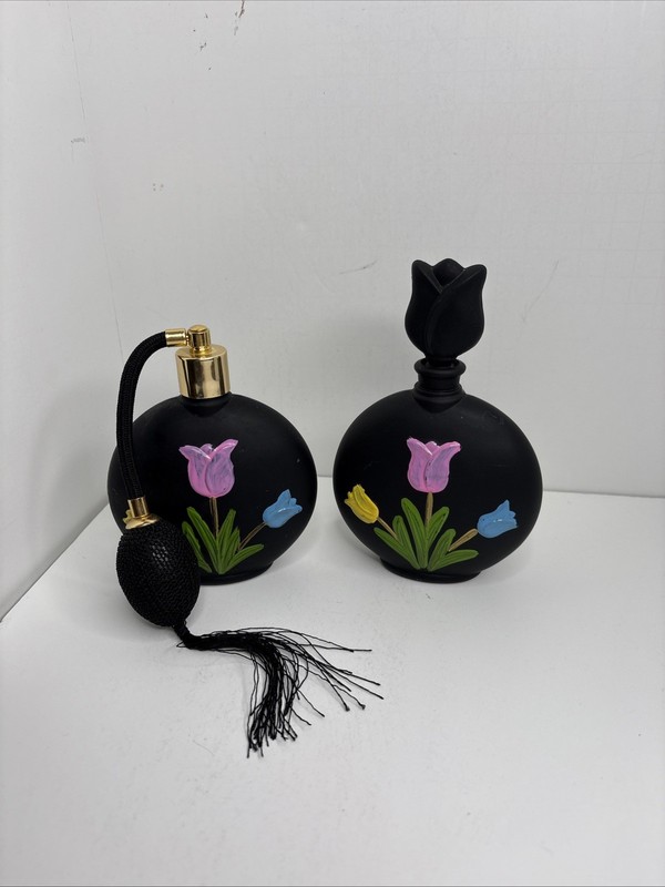 Vintage Black Satin Glass Atomizer/ Glass dauber Perfume Bottles Set Of 2