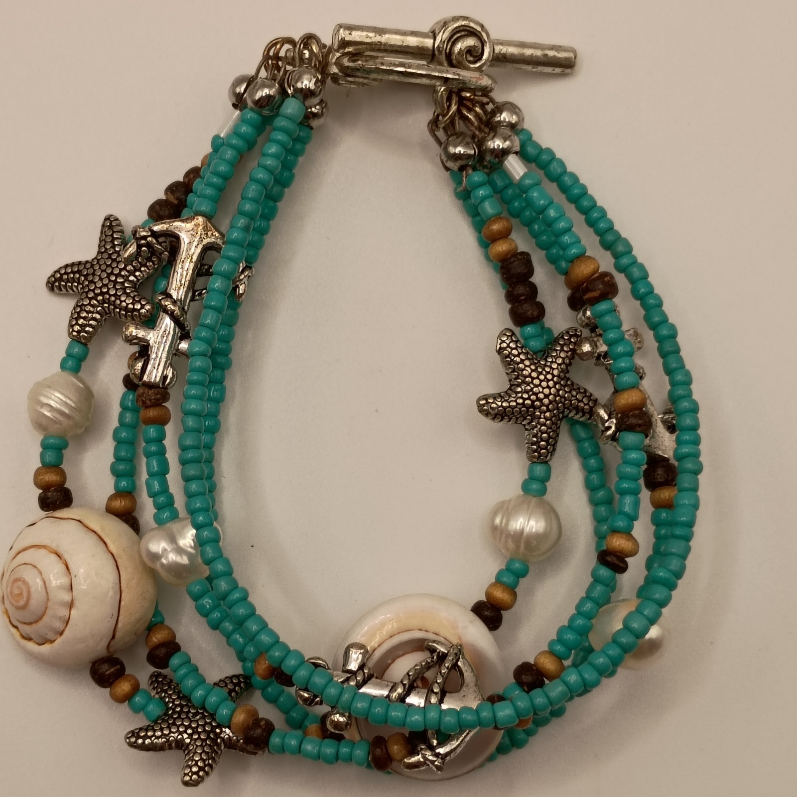 Vintage Nautical Charm Bracelet Seashell Baroque Pearl Turquoise Anchor Starfish