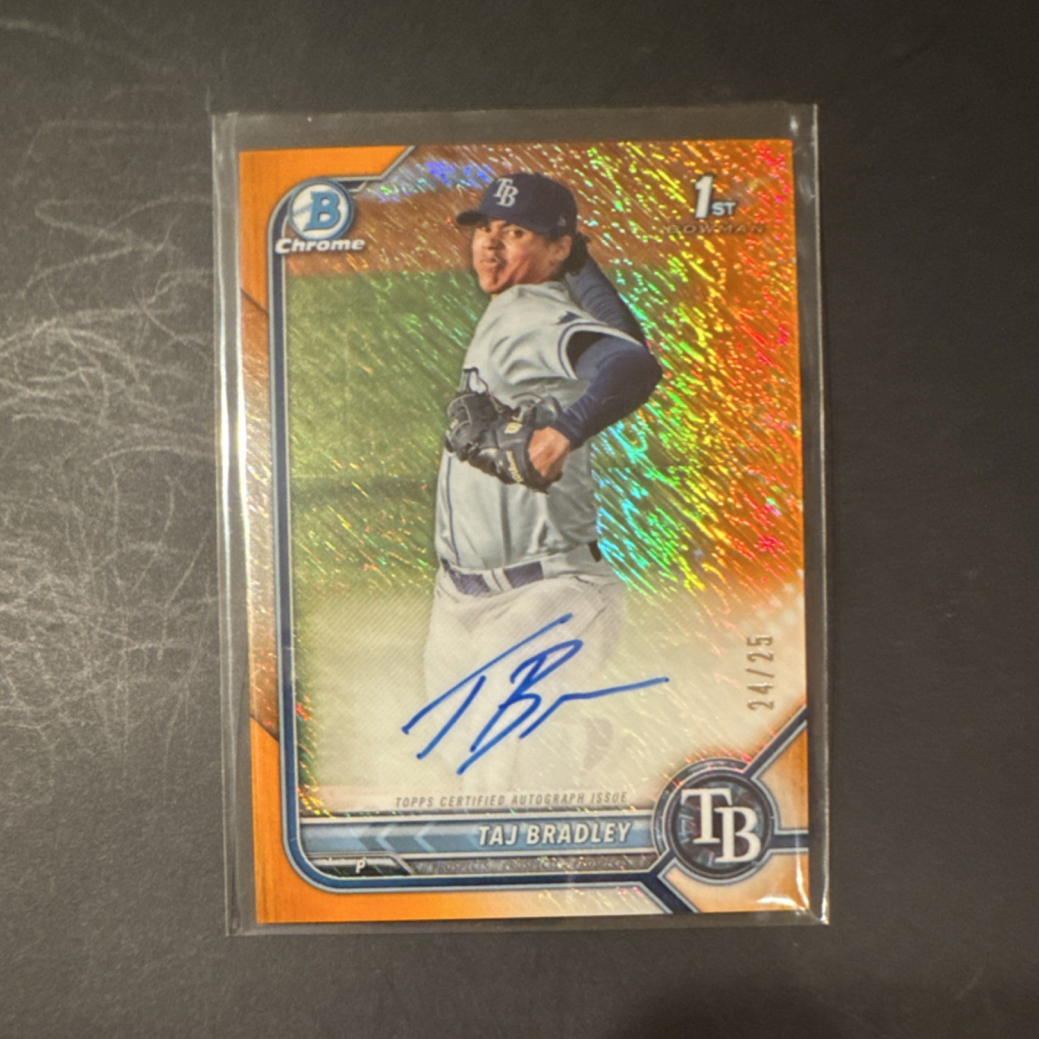 Topps 2022 Bowman Chrome Taj Bradley Orange Shimmer Rookie Auto /25 Rays CPA-TB