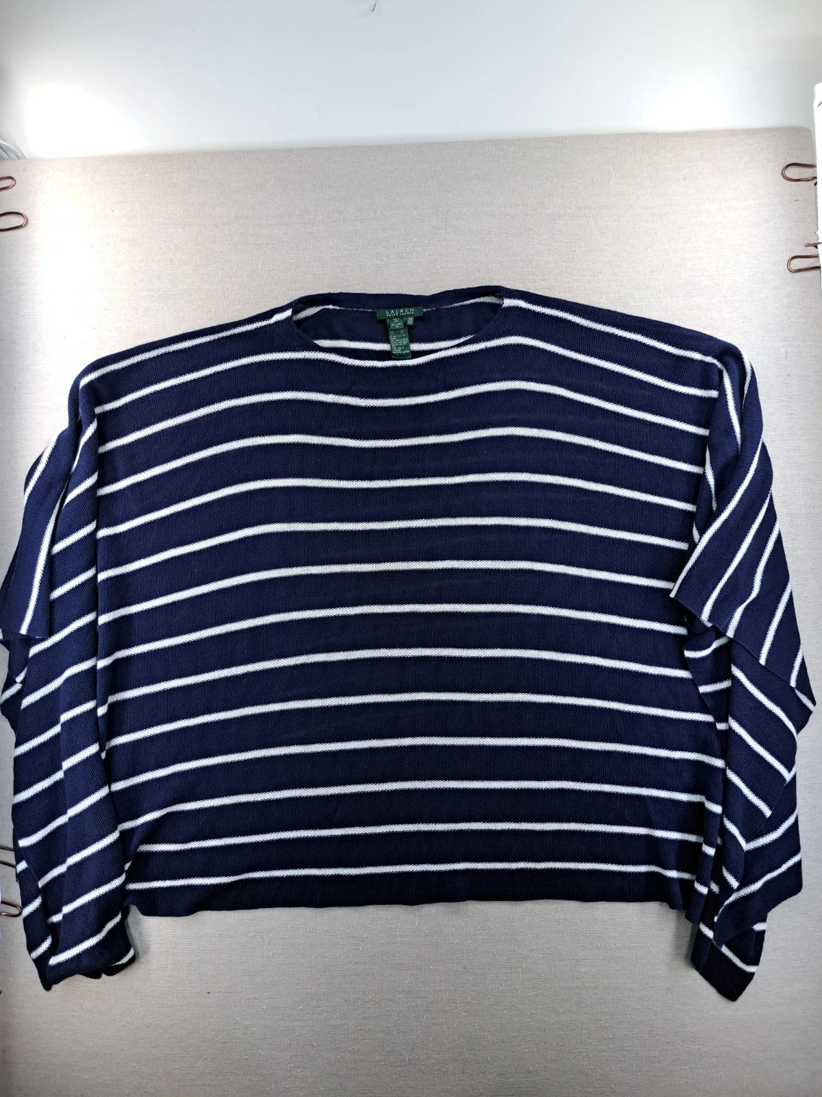 Lauren Ralph Lauren Linen Poncho Womens One Size Sweater Blue Blanket Stripe