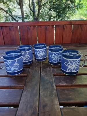 Luminarc Matys Flowery '' Orchid'' vintage design blue and white set of 5 mugs