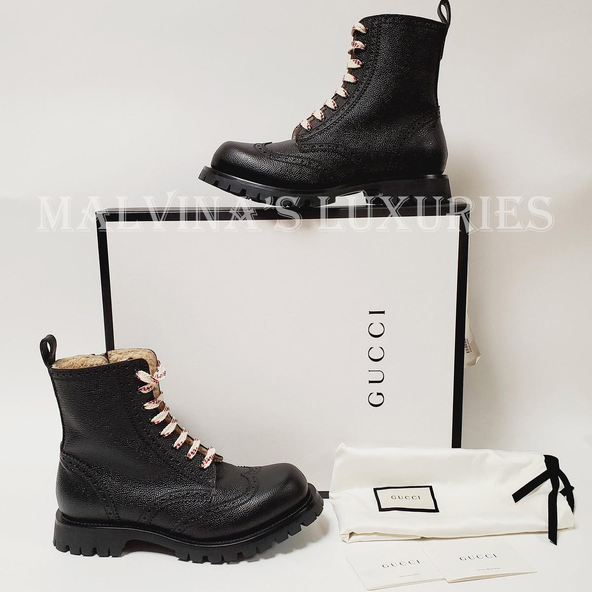 GUCCI BOOTS MENS ARLEY BLACK LEATHER BROGUE LACE-UP REAL SHEARLING