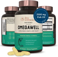 Live Conscious OmegaWell Omega 3 Fish Oil - 2000mg Capsules: Heart, Brain, & Joi