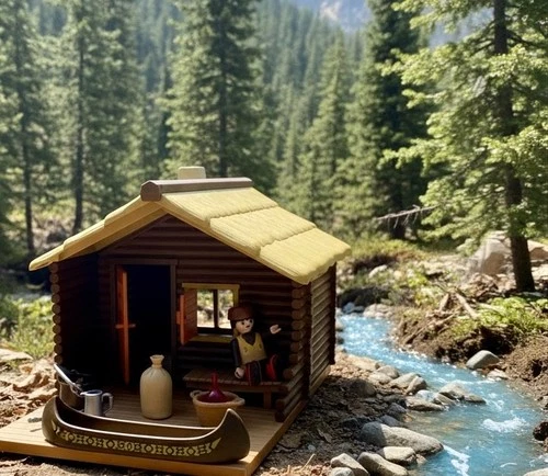 PlayMobil Fur Trapper wooden Log cabin-RARE-Western Set Vintage-MINT,-23pcs