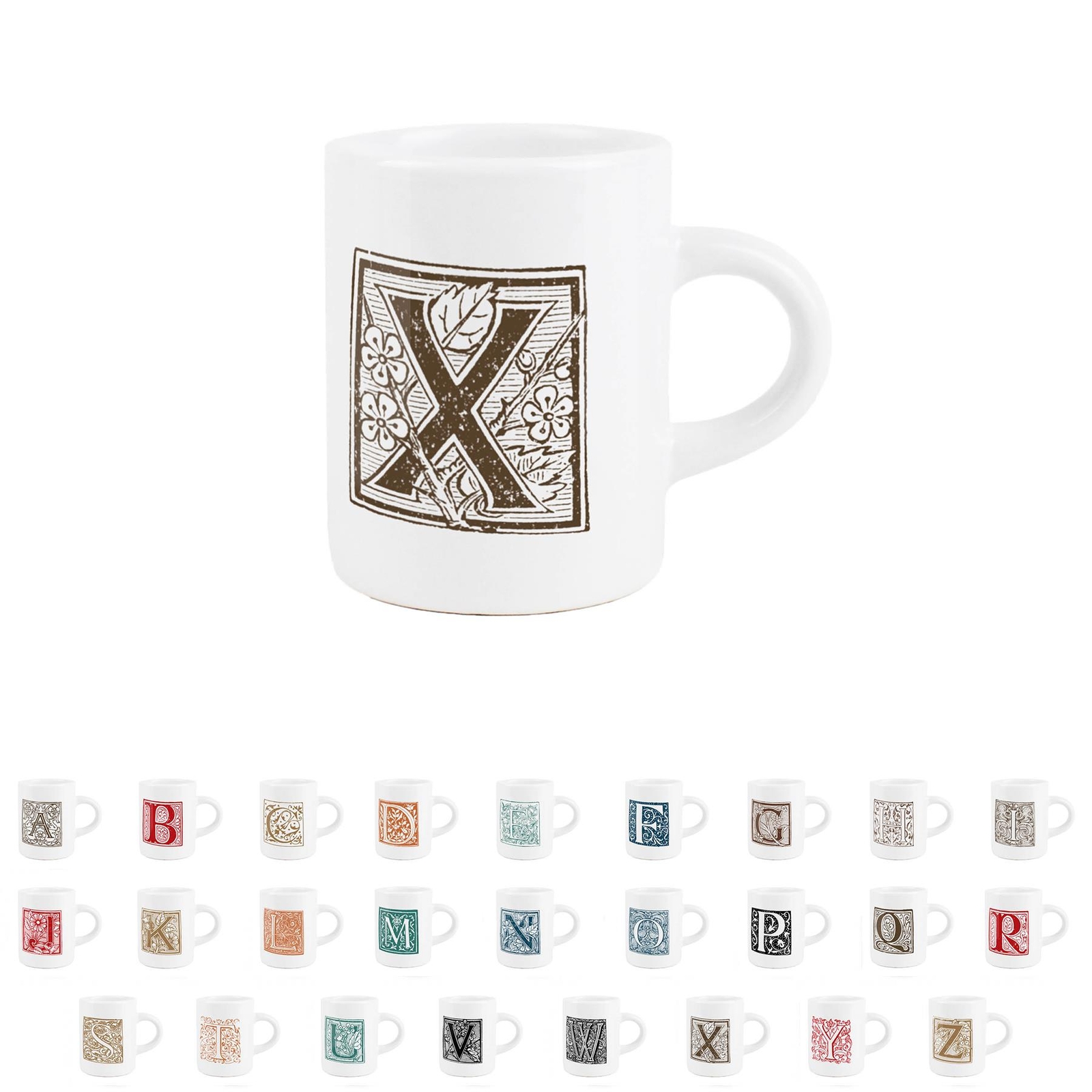 Letter Espresso Mug - Ornamental Alphabet Mini Ceramic Coffee Cup - Letter X