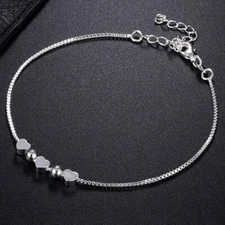 925 Sterling Silver Women's Box Link Adjustable Anklet Bracelet Heart Bead D863