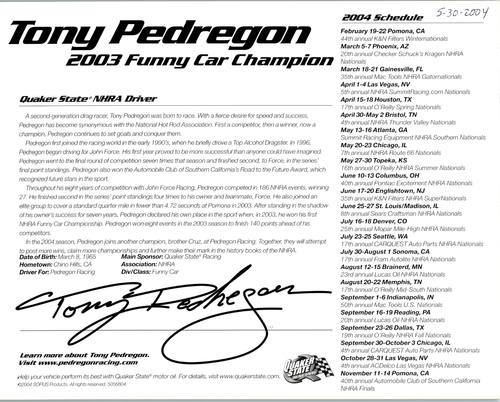 2004 NHRA Tony Pedregon Hand Signed 10X8 Cardstock 2003 Funny Car Champion DR10 - Picture 2 of 2