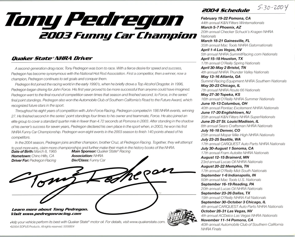 Cartulina 10X8 firmada a mano por Tony Pedregon 2004 de la NHRA Funny Car Champion DR10 Foto 2 de 2