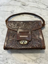 Vintage Mid Century Artmex Tooled Leather Hand Purse Big Bag