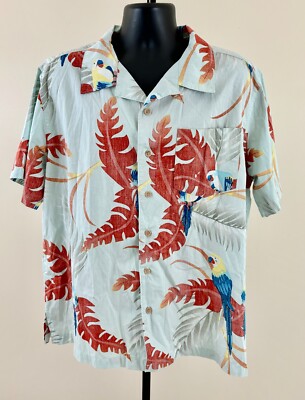 BAREFOOT IN PARADISE Mens Large Blue Hawaiian Palm Floral Parrot S/S Shirt VTG