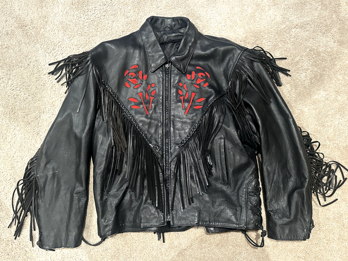 Vintage 80s Women's Leather Biker Jacket 2XL Red Tassel Rose