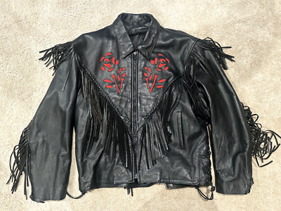 Vintage 80s Women's Leather Biker Jacket 2XL Red Tassel Rose