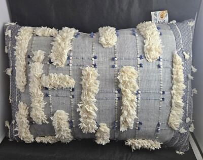 Devi Designs Woven Blue Cream Off White Nubby Retangle  Throw Pillow 100% Cotton
