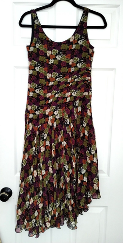 90s Vtg Jones New York Midi Silk Dress 6P Black Green Purple Cream Drop Waist