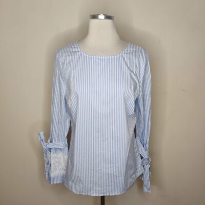 Worthington Blue Striped Blouse Top Medium Women Flared Sleeve Lace Tie Cuff