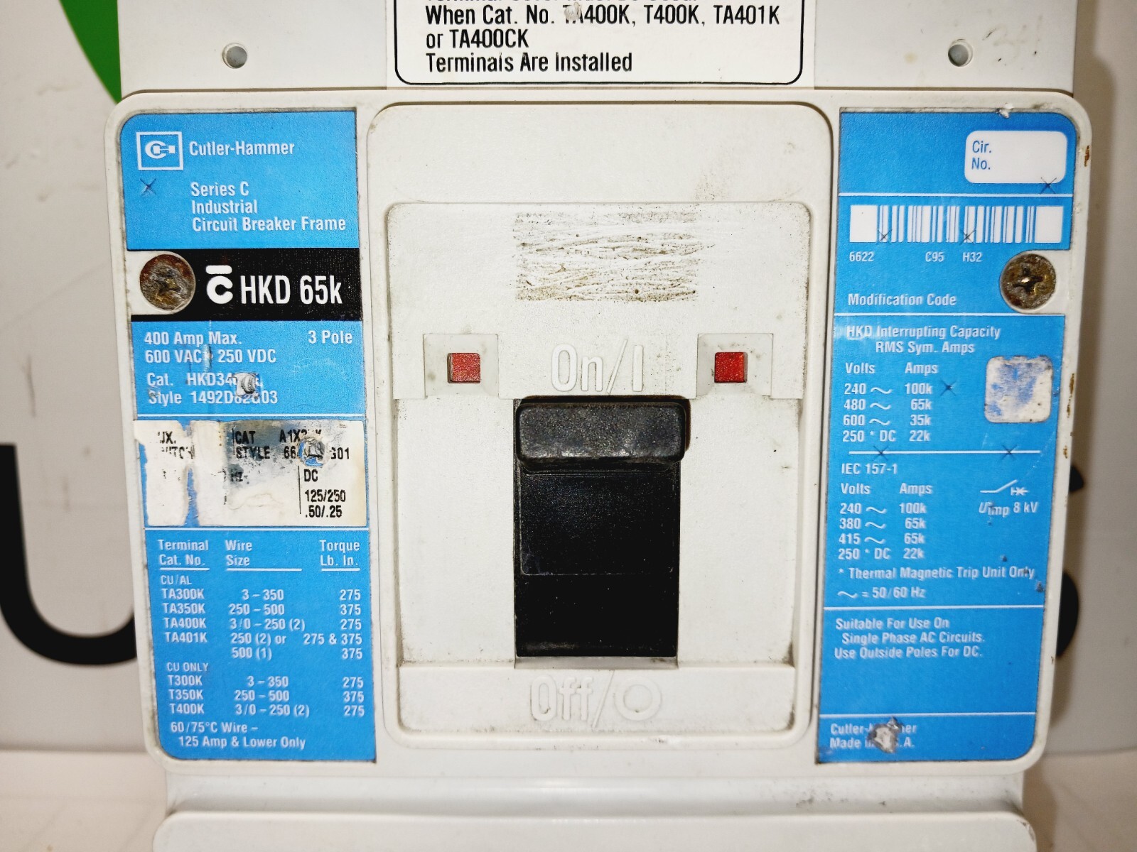 CUTLER HAMMER 400 AMP CIRCUIT BREAKER W/ KT3225T TRIP 600 VAC 3 POLE