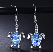 925 SP Beach Turtle Blue Opal Dangle Earrings W/gift Box 🎁 FREE SHIPPING!!
