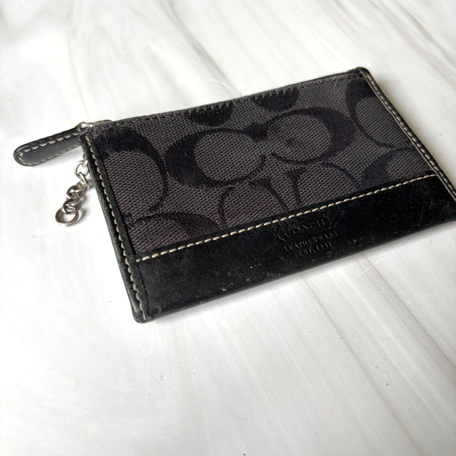 Coach Signature Black Card Holder with Leather Canvas - Missing Keychain-image