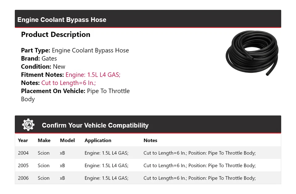 Manguera de derivación de refrigerante para motor Scion xB 2004-2006 tubo a puertas del cuerpo del acelerador Foto 2 de 4