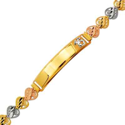 14K Tri Color Gold 15 Anos Quinceanera Diamantschliff facettiert ID Armband 8mm