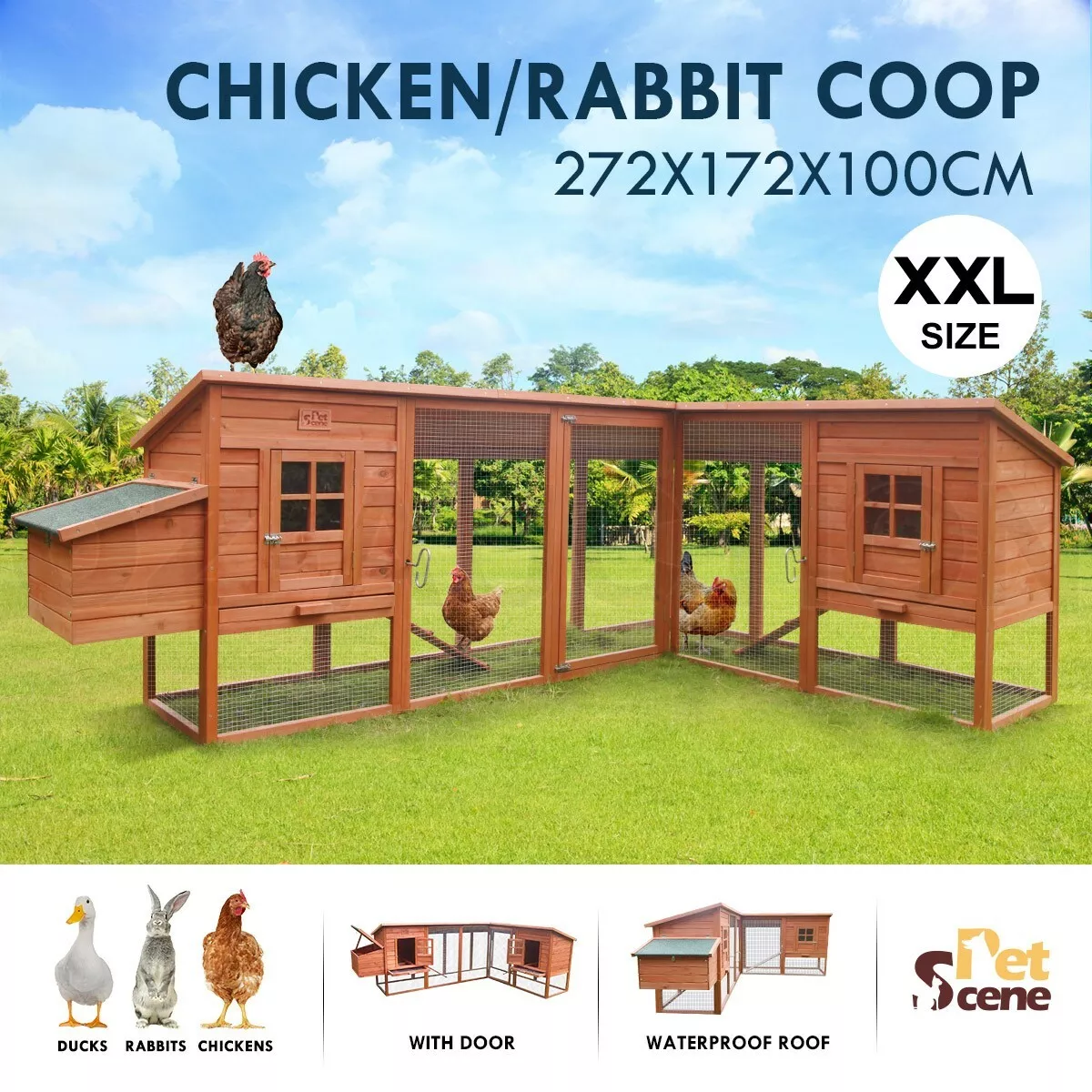Wooden Chicken Coop House Rabbit Hutch Duck Cage Enclosure 272cm