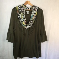 Olive Green Knit Tee Detachable Print Scarf Catherines Size 1X polyester