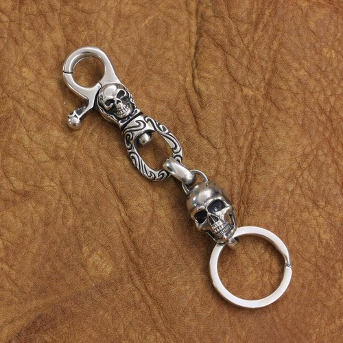 Detail Skull 925 Sterling Silver KeyRing Punk Keychain DIY Accessories TA249B BZ - Picture 4 of 15