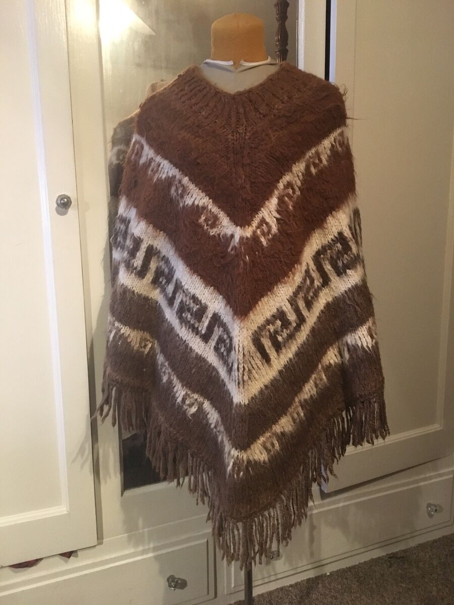 Vintage Long Poncho 100 Alpaca Brown White Tribal Design Art Vintage Long Poncho 100 Alpaca Brown White Tribal Design Art