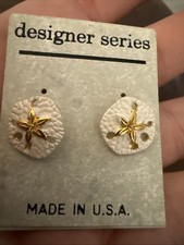 Sand Dollar White And Gold Tone Stud Earrings NEW Made In The USA