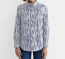 FDJ French Dressing Sz 8 Blue Gray White Womens Blouse Semi Sheer Long Slv EUC