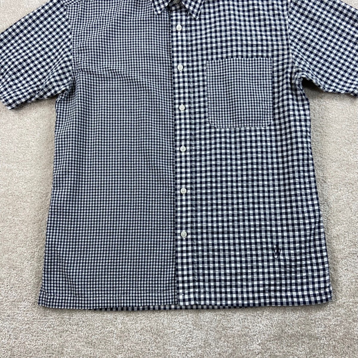 JW Anderson x Uniqlo Shirt Mens XS Navy White Gingham Patchwork Seersucker Logo View 4