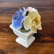 Vintage Lefton Bone China Yellow Blue Pink Roses Flowers In Vase 3.5” England