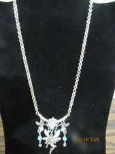 KIRKS FOLLY SILVERTONE FAIRY PENDANT NECKLACE VTG. LIGHT BLUE ACCENT STONES VGUC