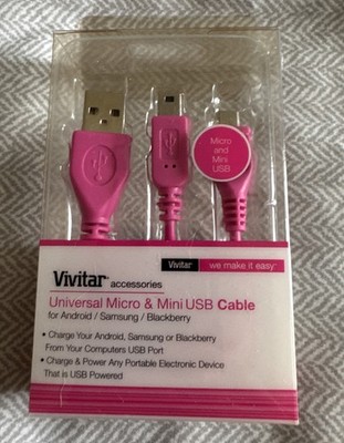 Pink Vivitar Universal Micro & Mini USB Cable Android Samsung And BlackBerry