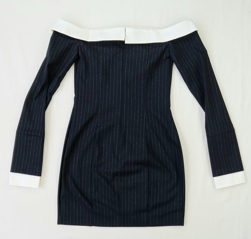 size 2 BEC + BRIDGE Dark Blue PINSTRIPE CECE OFF-the-SHOULDER Mini Pencil Dress - Picture 19 of 24