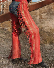 Western Wear, Cowgirl Leather Fringe Chaps with Hand Studded, Horse Riding Chaps