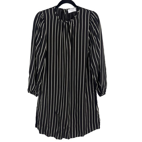 Jeune Otte Medium Black Cream Striped Dress Crew Neck Keyhole Back Long Sleeve