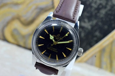Breitling 1884 Black Dial, Dark Brown Band, Gold & Green Hands, Gold Marks.