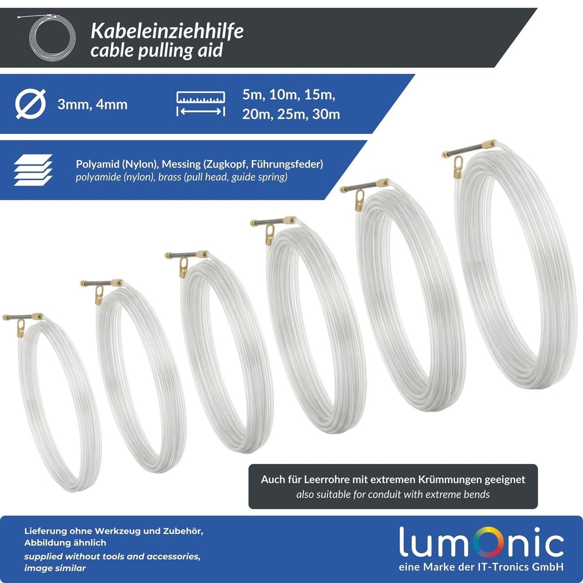 Kabeleinziehhilfe 30 M – 4 Mm Zugdraht Mit 2 Führungsfedern Für Leerrohre