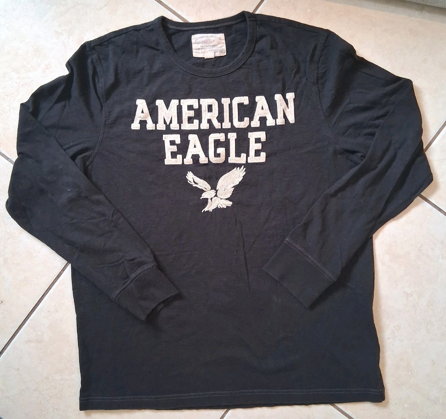 Y2K American Eagle Shirt Mens XL Black Long Slv Embroidered Logo Skater Vtg Fit