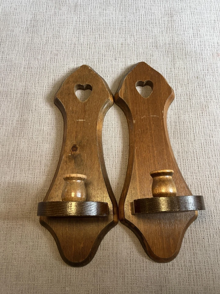 Vintage Wood Wall Sconce Pair Candle Holders Diamond Cut Glass Shades 15" Decor - Image 2 of 4