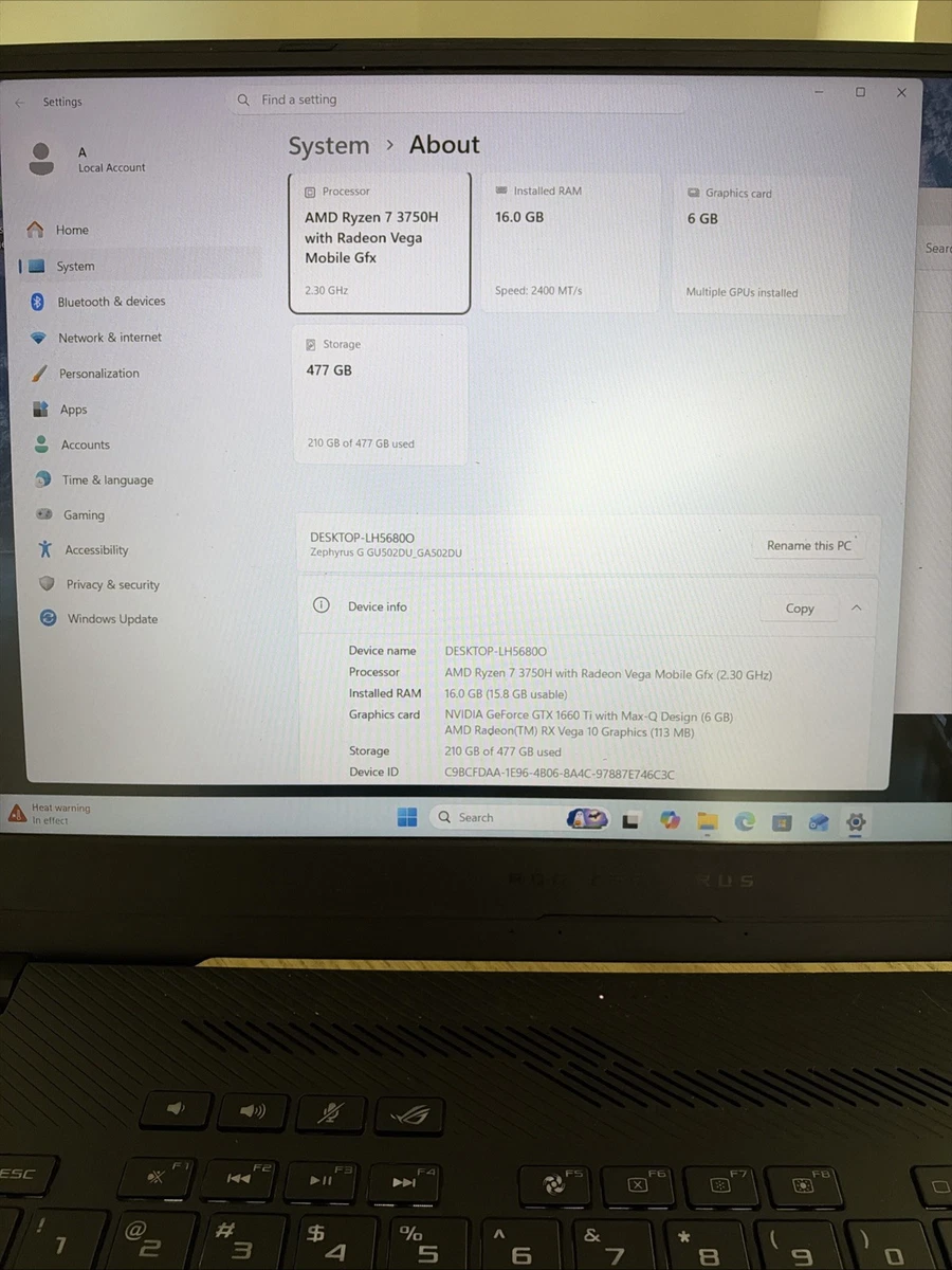 Asus ROG Zephyrus GA502D 15.6" Ryzen 7 3750H GTX 1660 16GB RAM 512GB NVMe Win-11