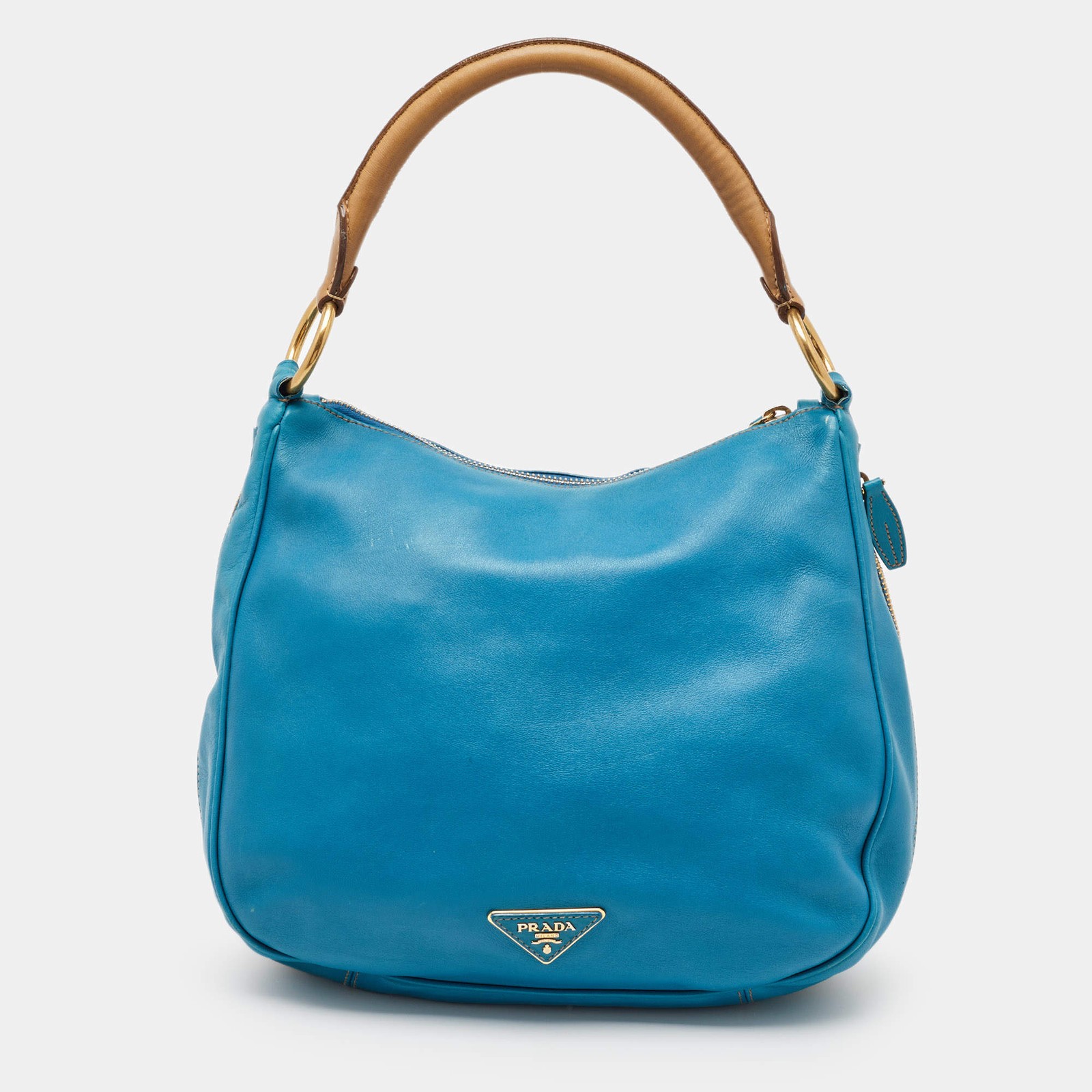 Prada Blue Cervo Leather Zip Around Hobo