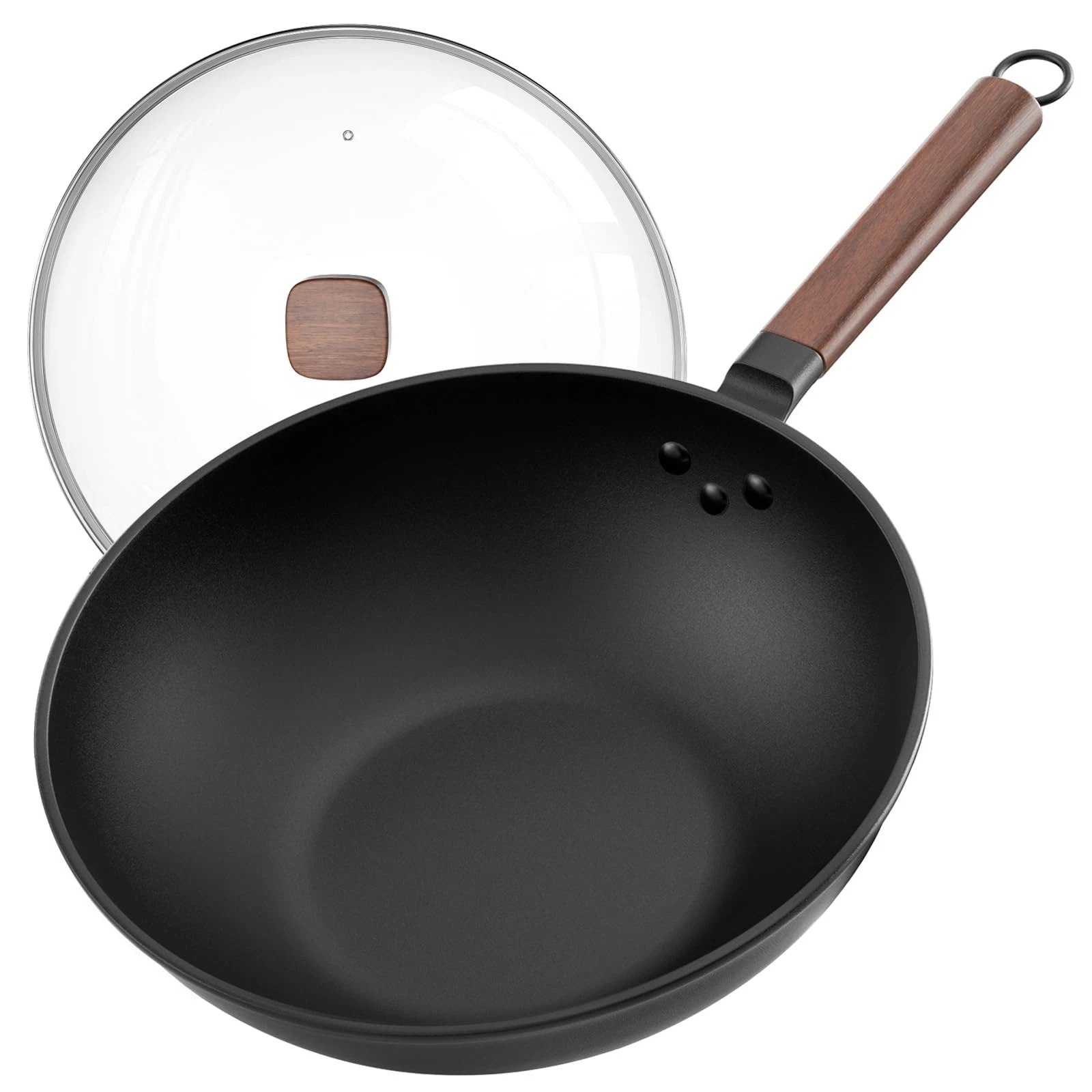 33cm/13inch Premium Wok Pan with Glass Lid Carbon Steel Wok No Chemical...