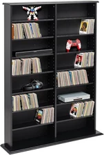 Media Wall Storage Cabinet Cherry Black Double Width Adjustable Shelves Organize
