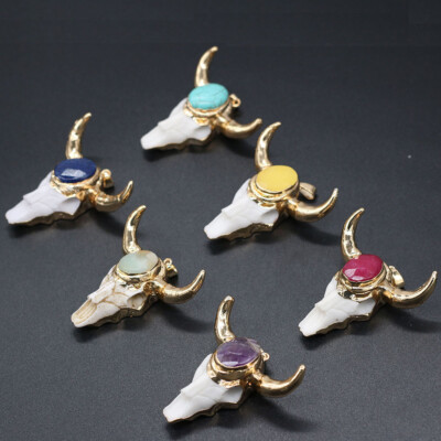 Amethyst /lazuli/Jade Gemstone Oval Bead Inlay Cow Skull Pendant (46mm) Necklace