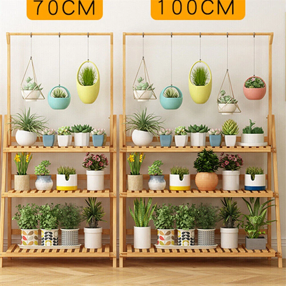 Soporte colgante de bambú de 3 niveles para plantas interior exterior escalera maceta estante plegable Foto 3 de 4