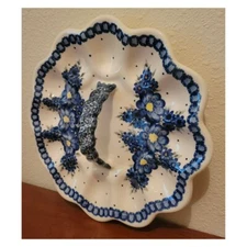 Boleslawiec Unicat Blue Poland Pottery Deviled Egg Dish with Handle 9" Signed
